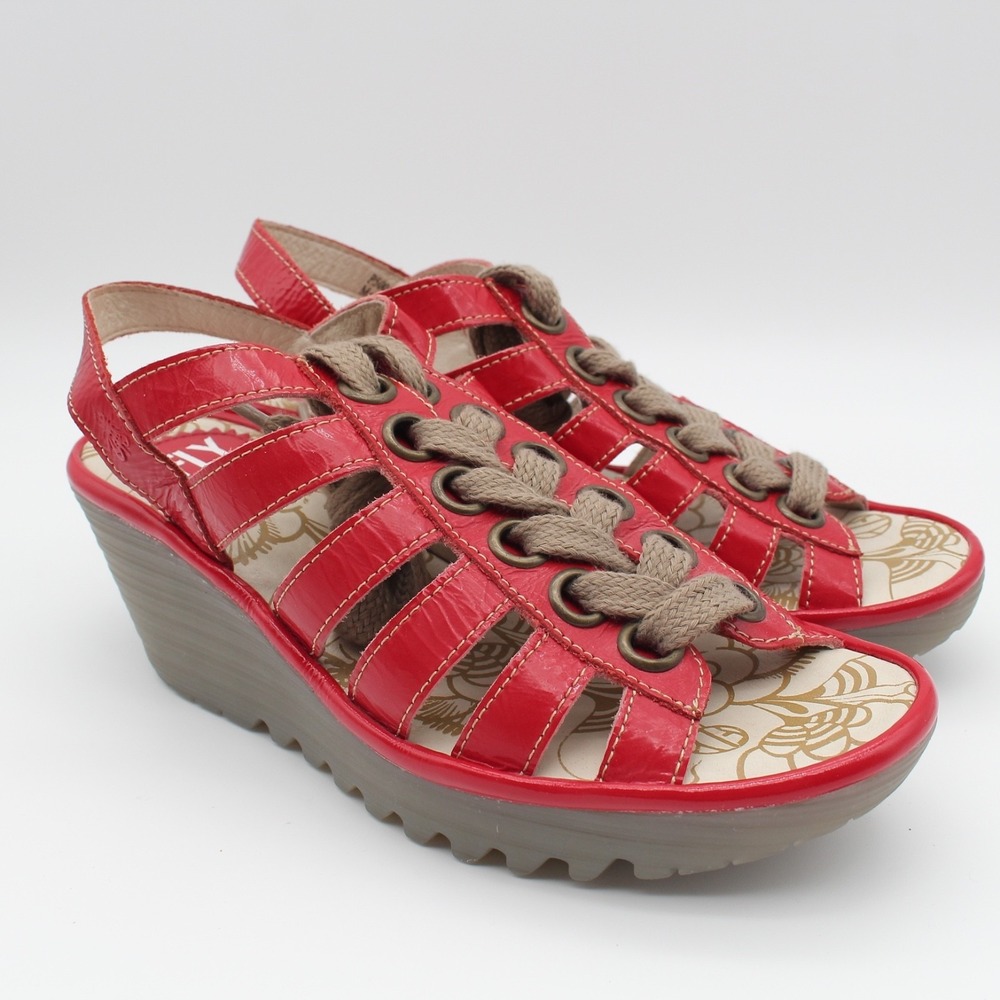 Fly London Yito Sandals Womens 38 (US 7.5-8) Red Leather Lace Up Wedge Gladiator